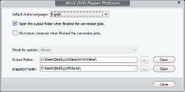 Showing the configurable program settings in WinX DVD Ripper Platinum